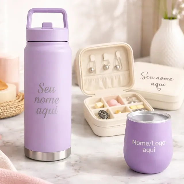 Kit presente personalizado com copo térmico, garrafa e porta-acessórios